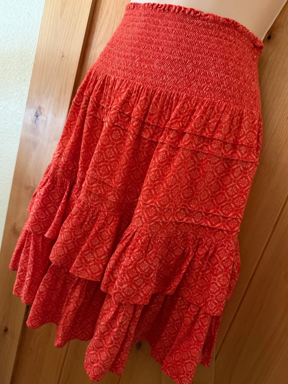 Lauren Ralph Lauren Coral Orange Smocked Tiered Ruffle Mini Skirt Boho Size 8